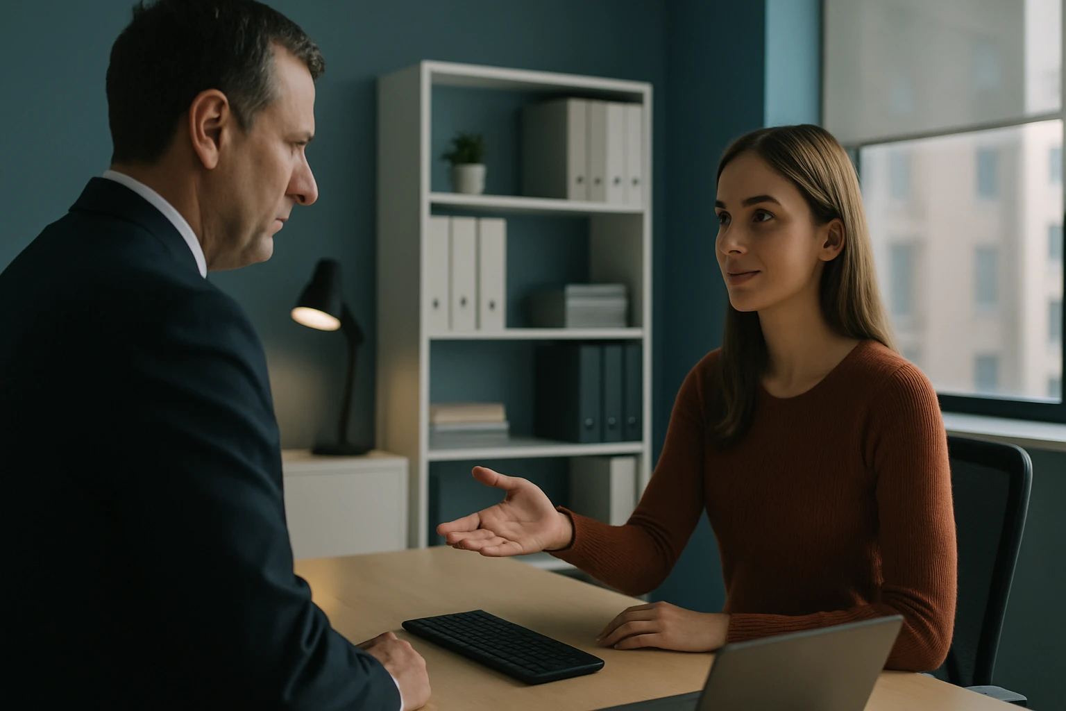 Ein Mann und eine Frau sitzen sich in einem modernen Büro gegenüber und führen ein Gespräch.