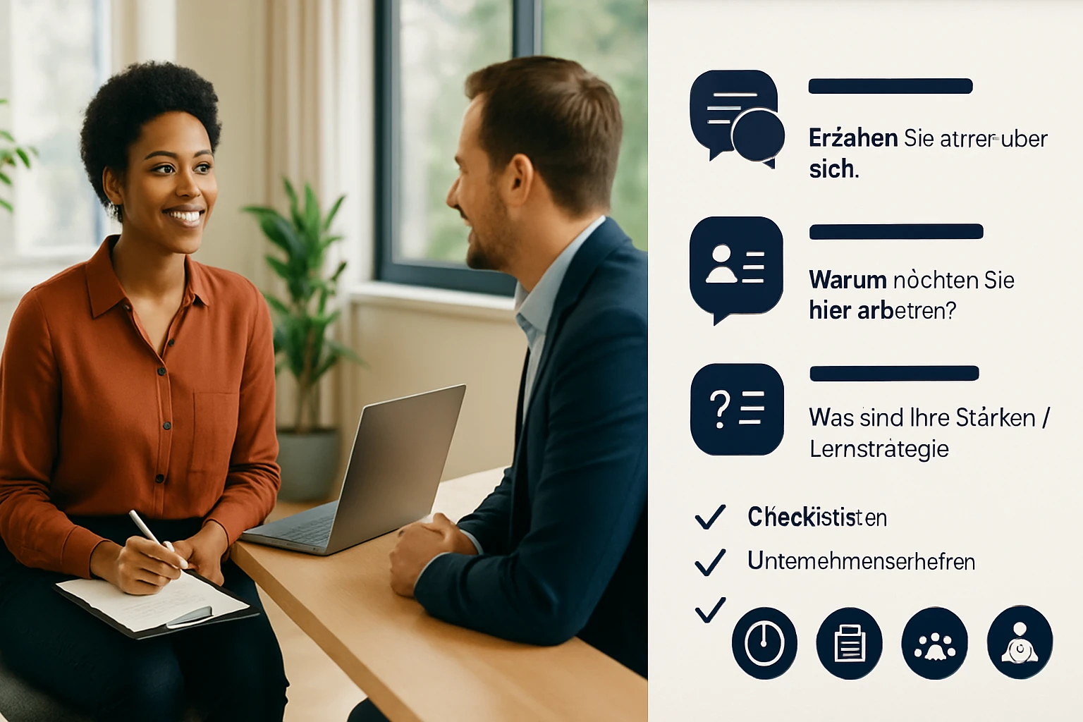 Eine Frau und ein Mann sitzen an einem Tisch und führen ein Gespräch, während ein Laptop vor ihnen steht.