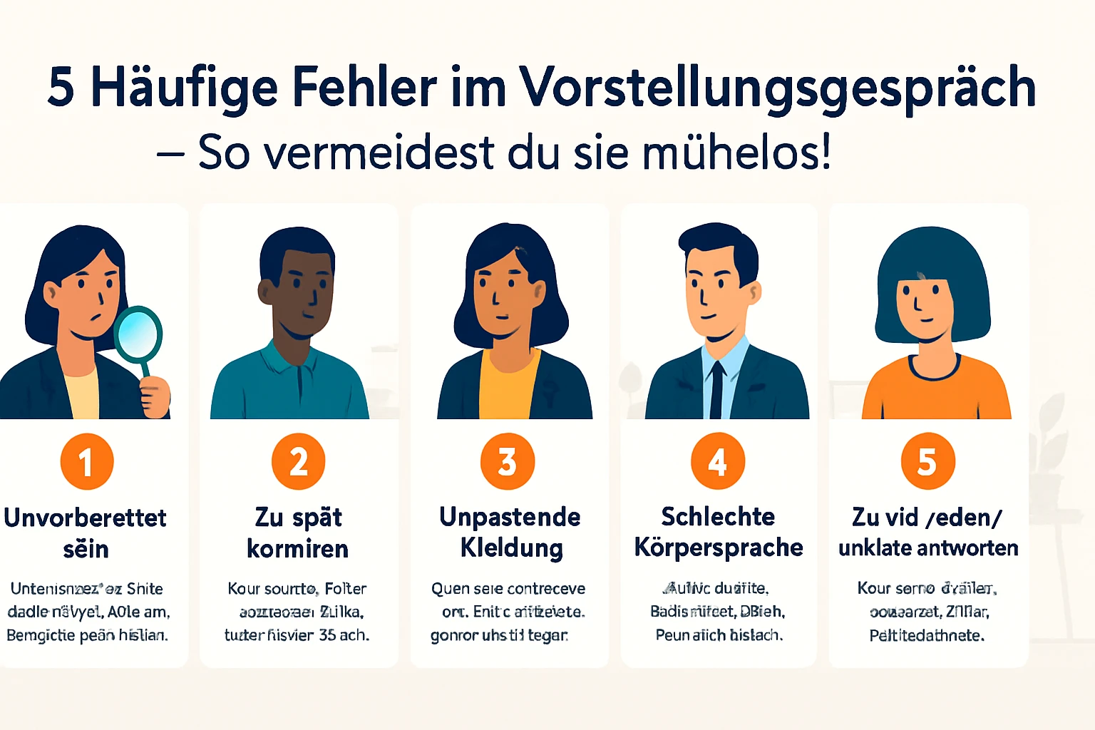 Fünf häufige Fehler im Vorstellungsgespräch mit Illustrationen von Personen.