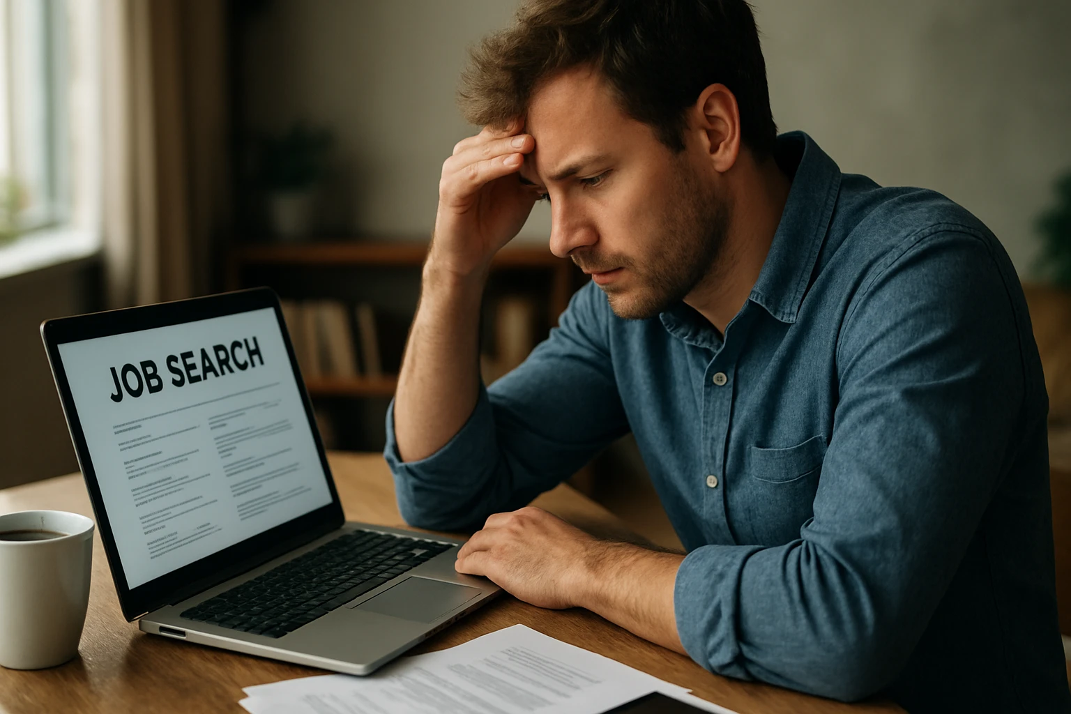 Ein frustrierter Mann sitzt vor einem Laptop und sucht nach Jobs.