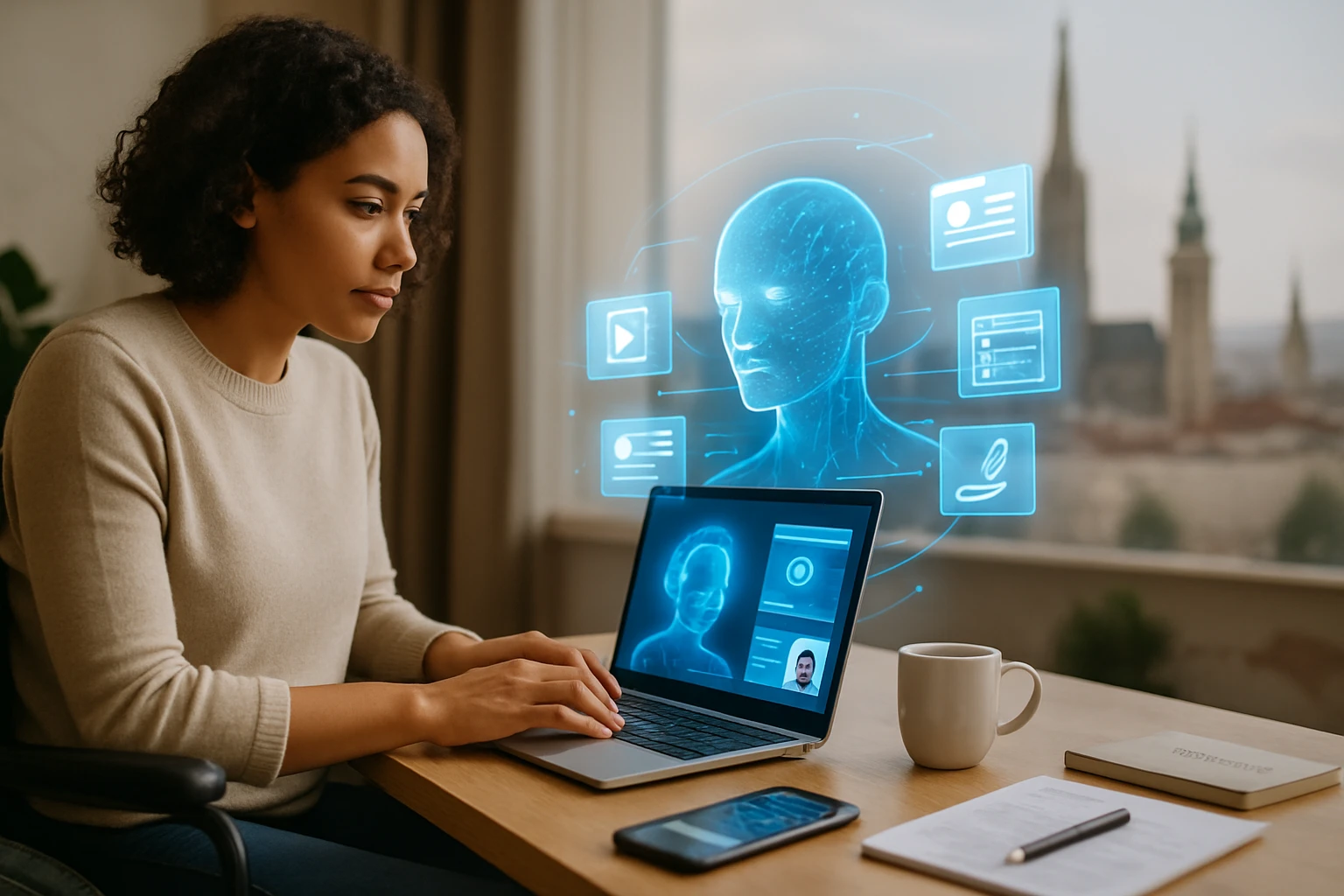 Eine Frau arbeitet am Laptop, während holographische Daten angezeigt werden.