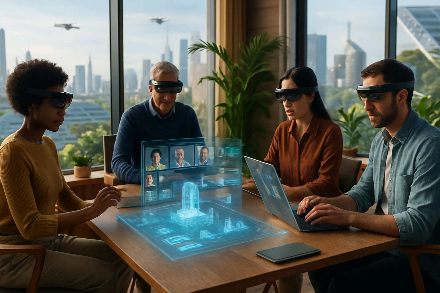 Vier Personen arbeiten mit holographischen Displays und VR-Brillen in einem modernen Büro.