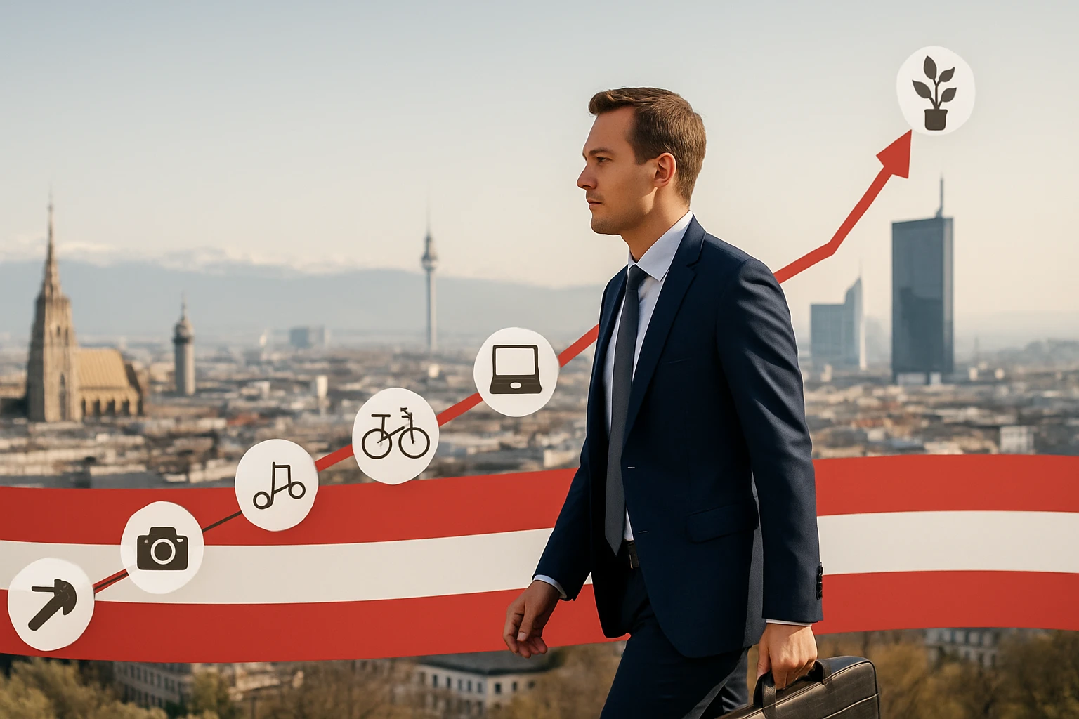 Ein Mann im Anzug geht mit einer Aktentasche durch eine Stadtlandschaft.