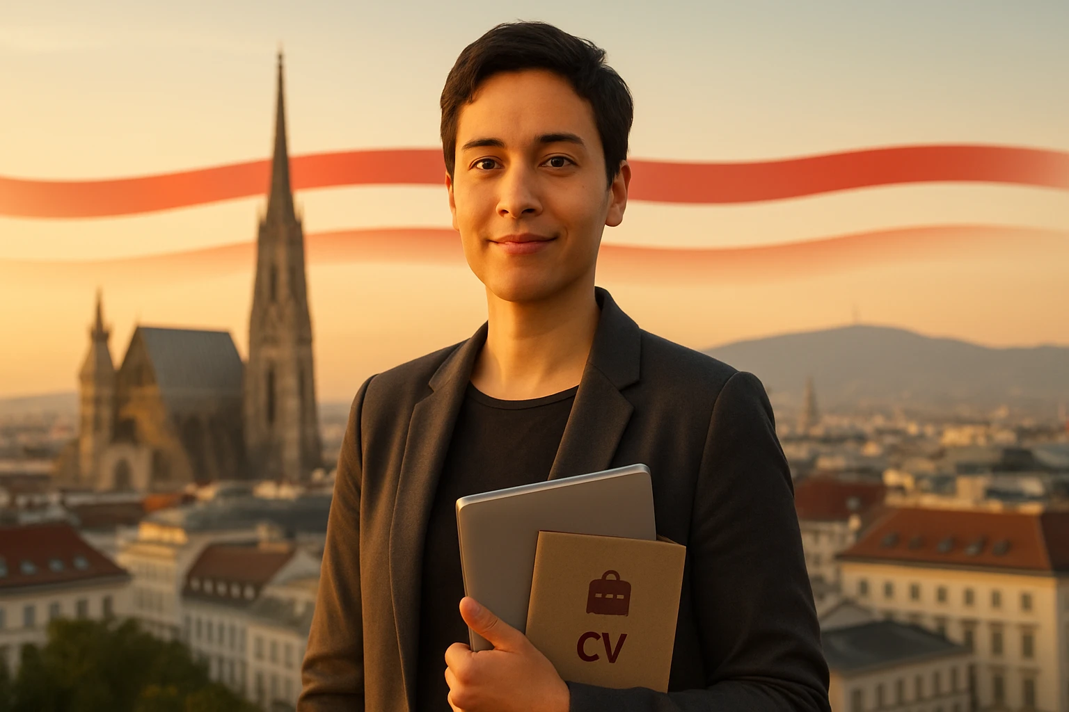 Ein junger Mann in einem Anzug hält einen Laptop und einen Lebenslauf in der Hand, mit einer Stadtansicht im Hintergrund.