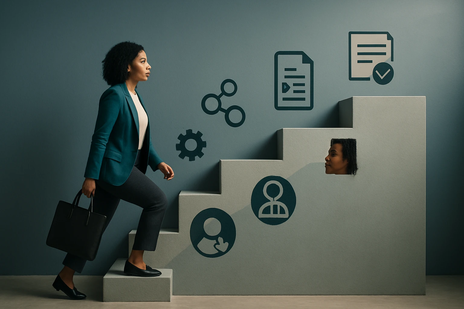 Eine Frau in einem blauen Blazer geht eine Treppe hinauf, umgeben von Symbolen für Fortschritt.
