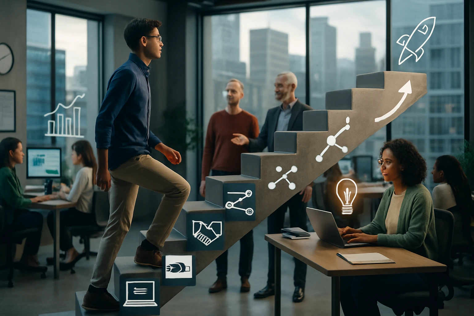 Ein junger Mann steigt eine Treppe hinauf, während Grafiken über Wachstum und Innovation angezeigt werden.