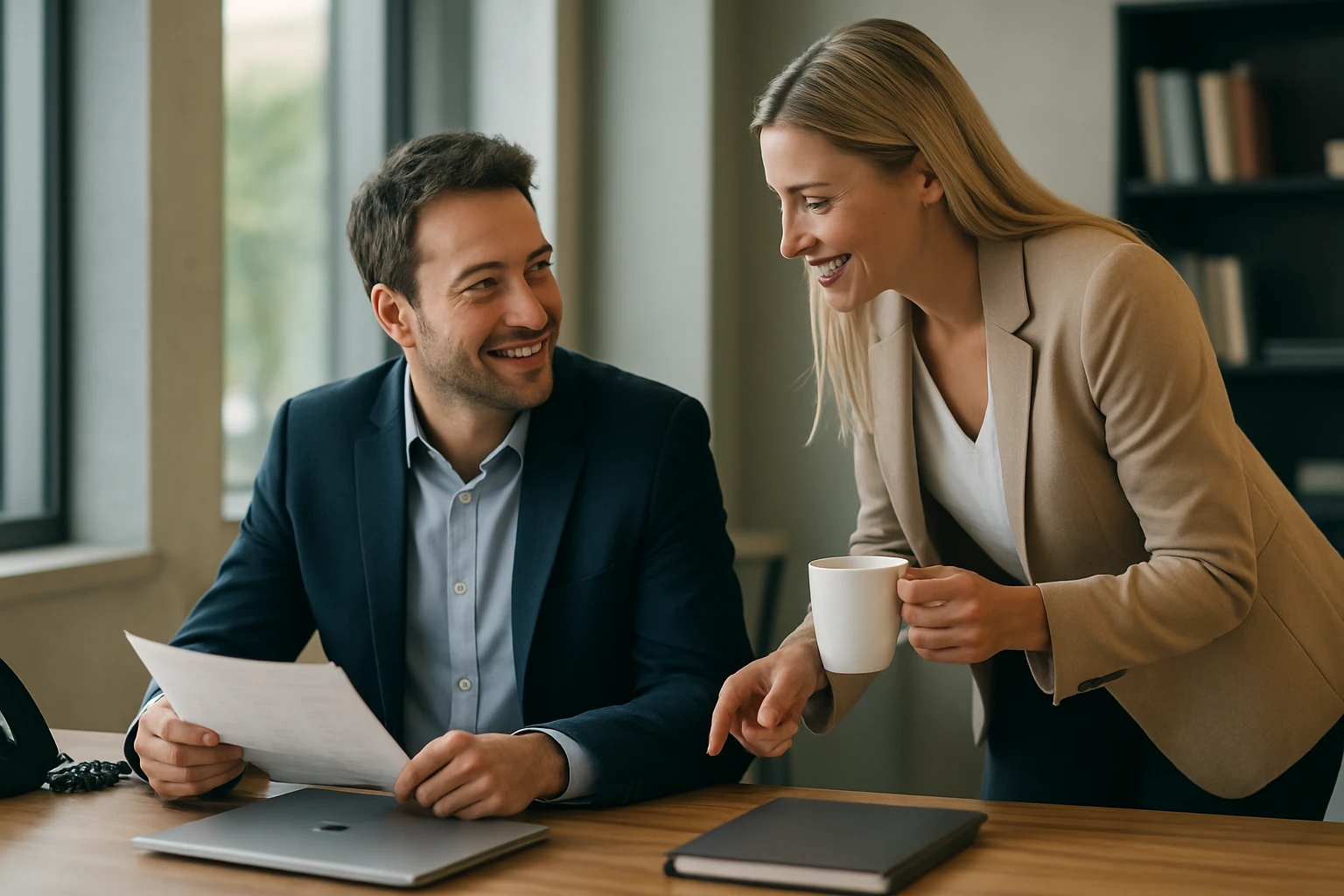 Ein Mann und eine Frau lächeln sich in einem modernen Büro an, während sie am Tisch sitzen.