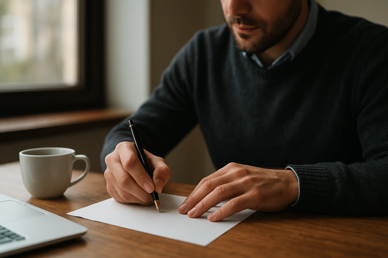 Ein Mann schreibt mit einem Stift auf ein Blatt Papier, während er an einem Tisch sitzt.