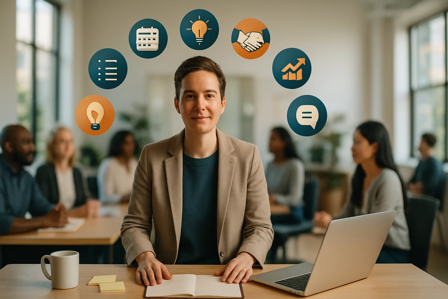 Ein junger Mann sitzt an einem Tisch mit einem Laptop und Notizbuch, umgeben von Symbolen für Ideen und Zusammenarbeit.