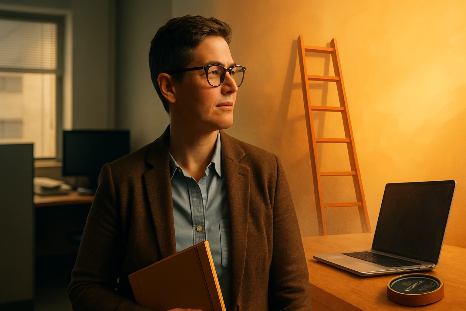 Eine Person mit Brille steht in einem modernen Büro und hält ein Buch.