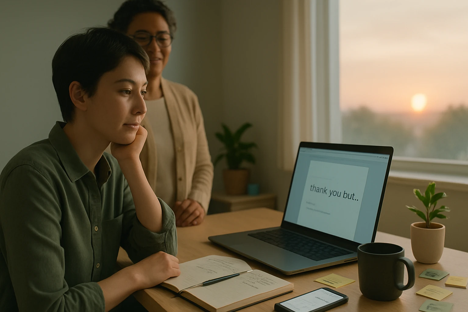 Eine nachdenkliche Frau sitzt an einem Tisch mit einem Laptop und Notizen.