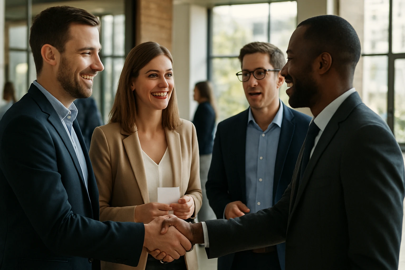 Vier Personen in formeller Kleidung unterhalten sich und schütteln sich die Hände.