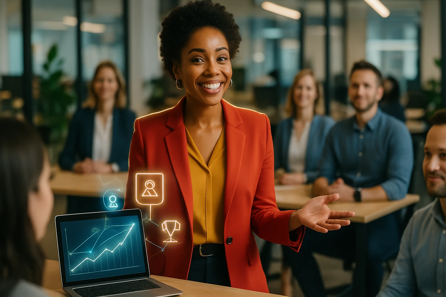 Eine lächelnde Frau in einem roten Blazer präsentiert vor einer Gruppe von Menschen.