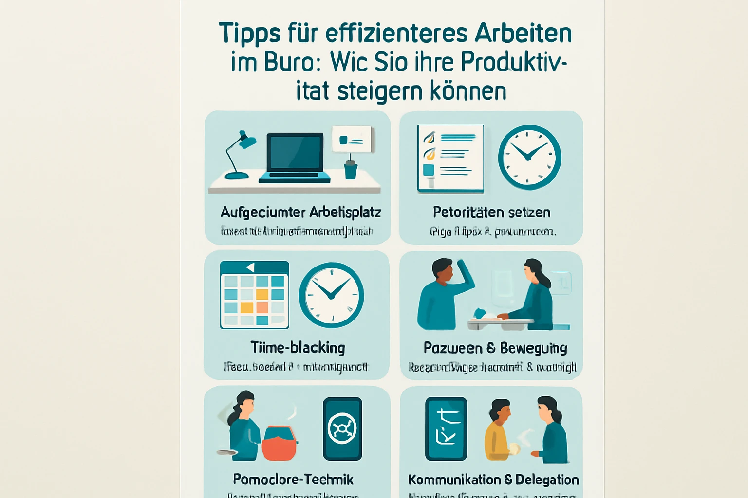 Eine Grafik mit Tipps zur Steigerung der Produktivität im Büro, einschließlich Arbeitsorganisation und Zeitmanagement.