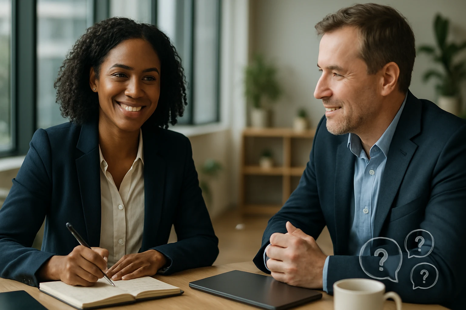 Ein lächelndes Paar in Anzügen sitzt an einem Tisch und diskutiert.