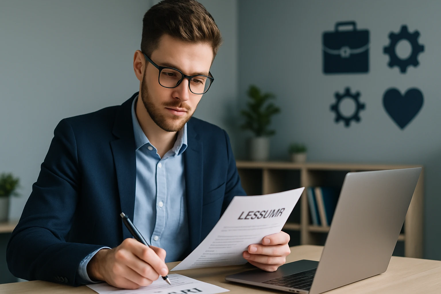 Ein junger Mann in einem Anzug sitzt an einem Tisch und liest Dokumente.