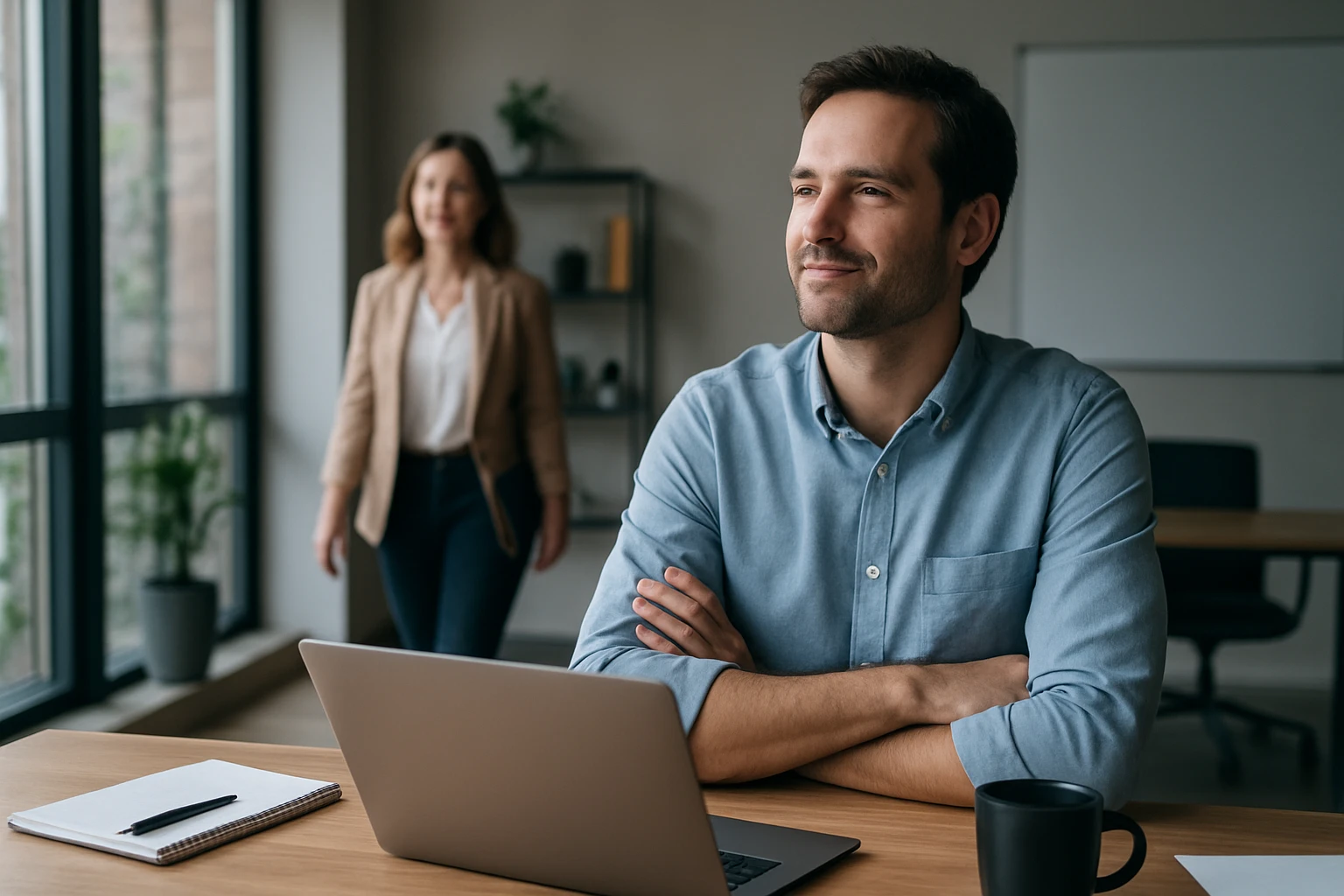 Ein Mann sitzt an einem Schreibtisch mit Laptop, während eine Frau im Hintergrund geht.