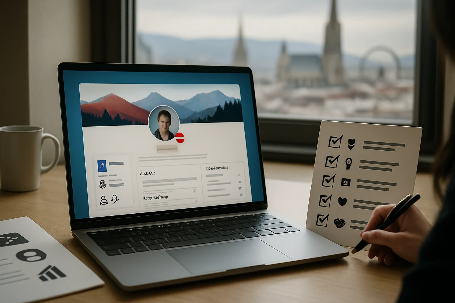 Ein Laptop zeigt ein Profil mit einer Person und einer Checkliste auf einem Tisch.
