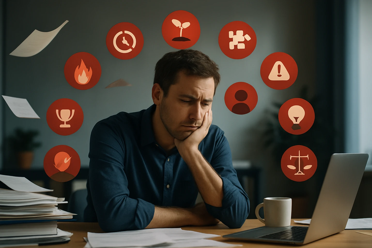 Ein nachdenklicher Mann sitzt an einem Schreibtisch, umgeben von Symbolen für Stress und Herausforderungen.