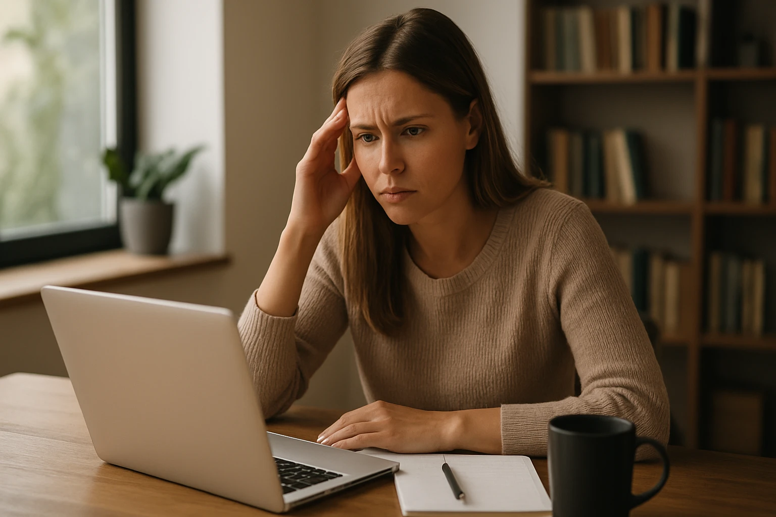Eine besorgte Frau sitzt am Tisch vor einem Laptop und schaut nachdenklich.