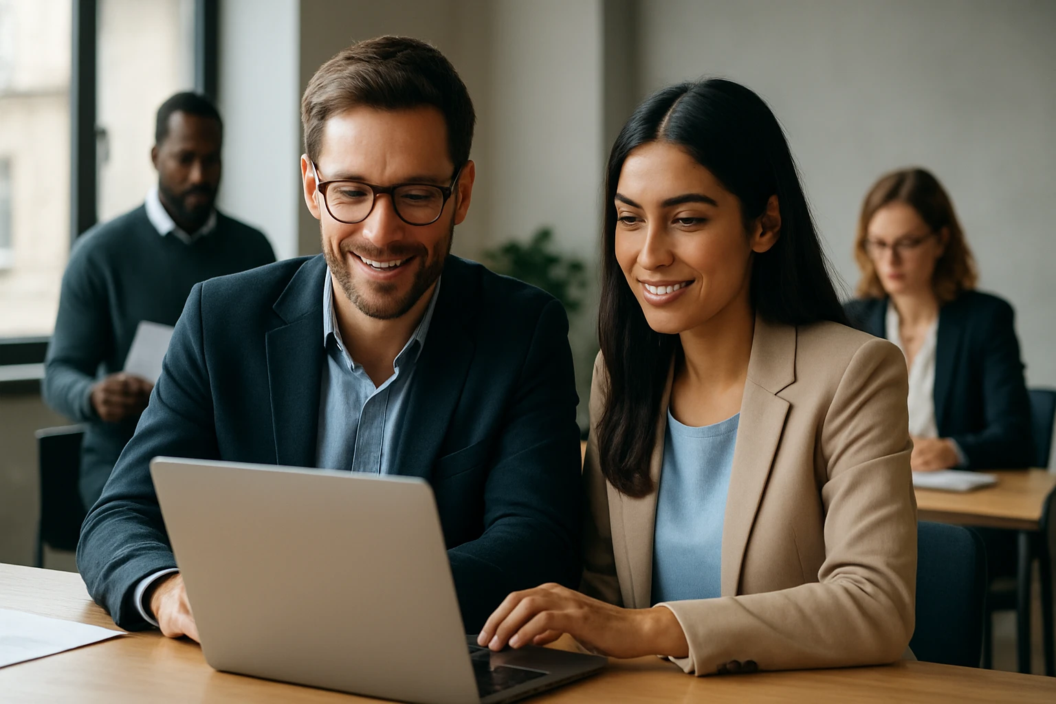 Ein Mann und eine Frau lächeln, während sie gemeinsam an einem Laptop arbeiten.