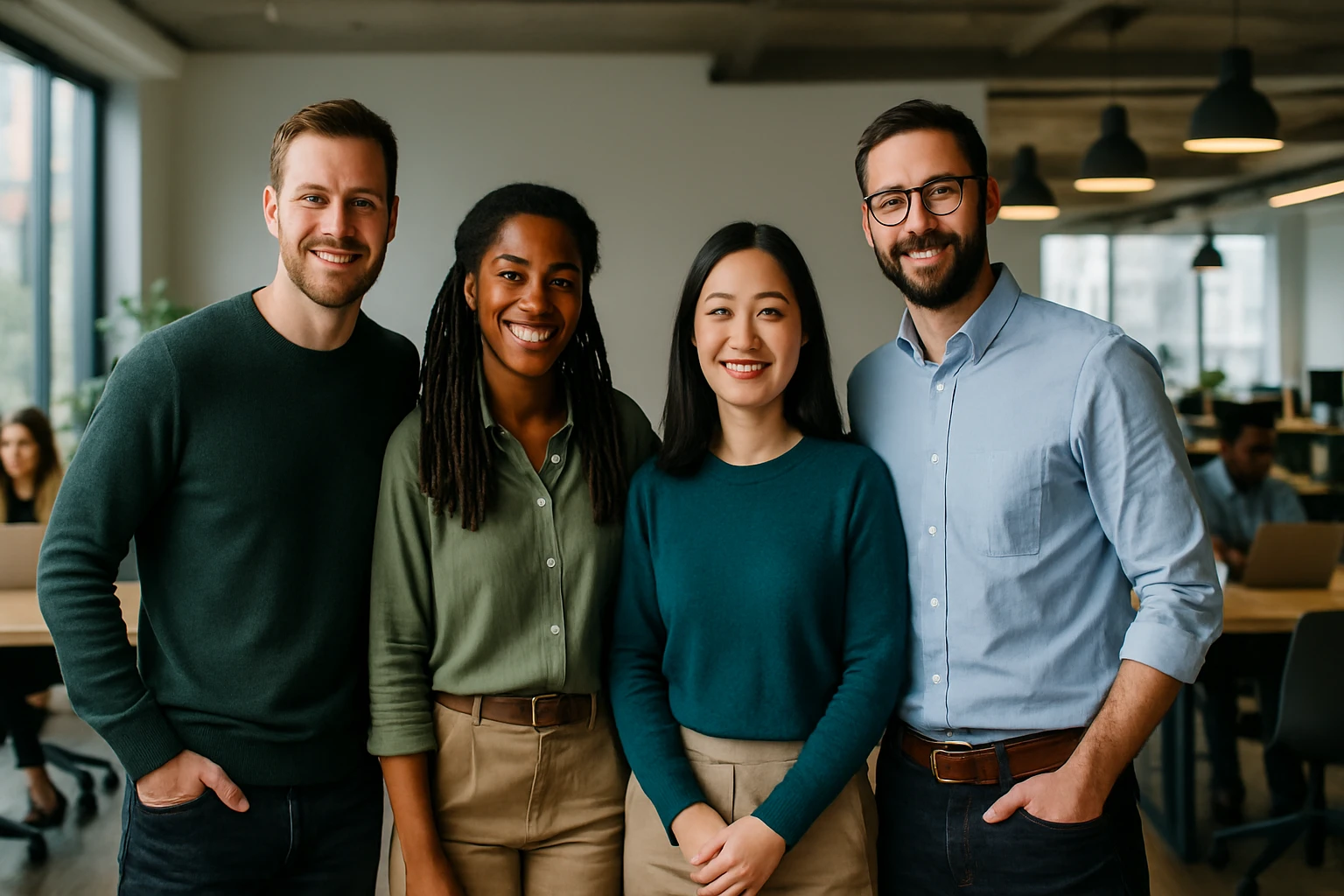 Vier Personen stehen in einem modernen Büro, lächeln und posieren freundlich.
