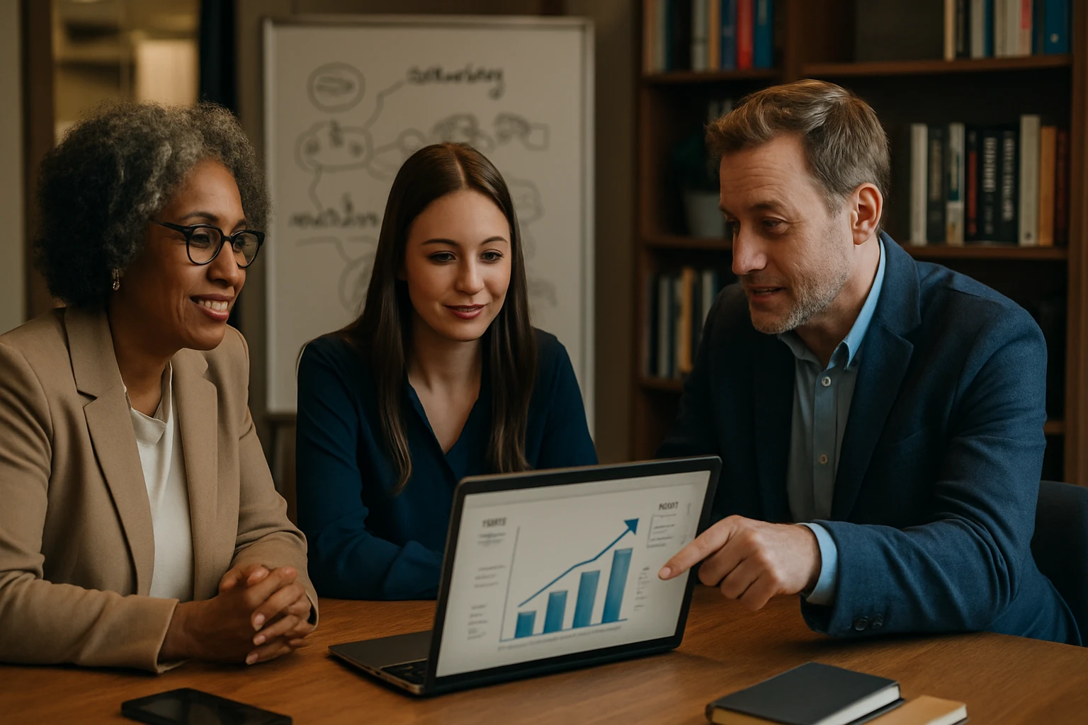 Drei Personen in einem Besprechungsraum betrachten gemeinsam ein Diagramm auf einem Laptop.
