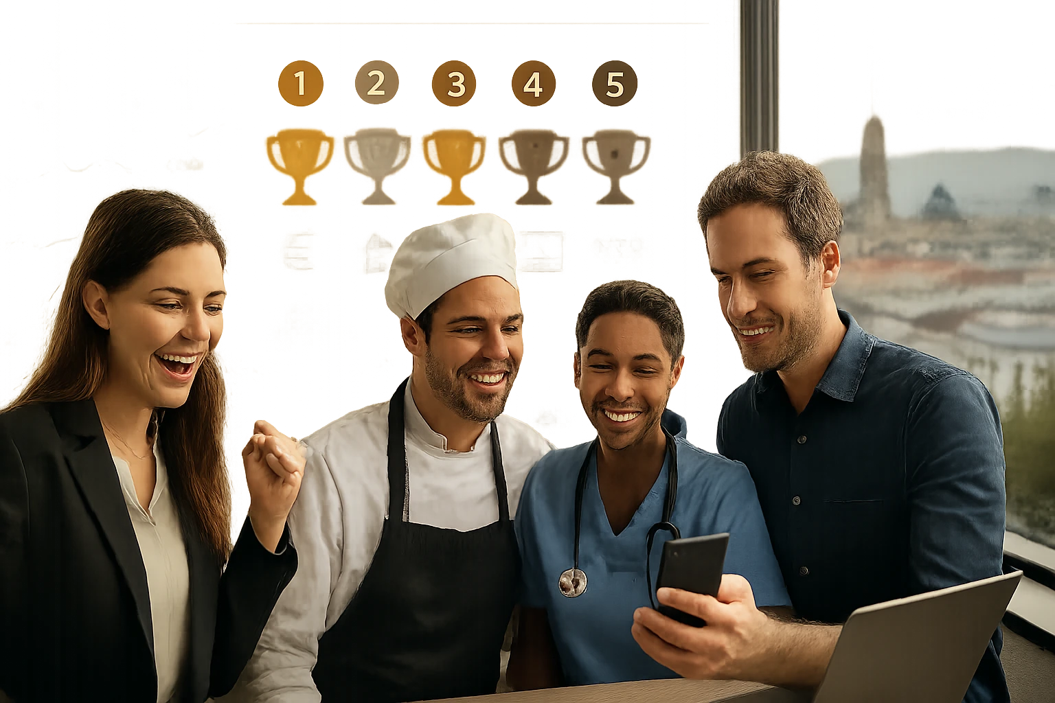 Eine Gruppe von vier Personen, darunter ein Koch und ein Arzt, die gemeinsam auf ein Smartphone schauen und lachen.