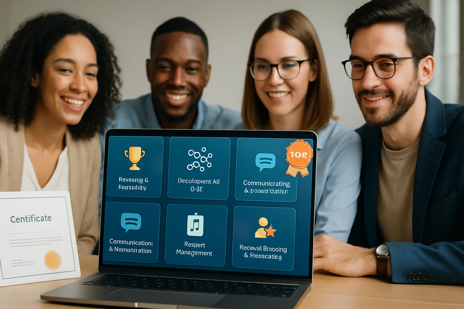 Eine Gruppe von vier Personen lächelt, während sie an einem Laptop mit Kursinhalten arbeiten.