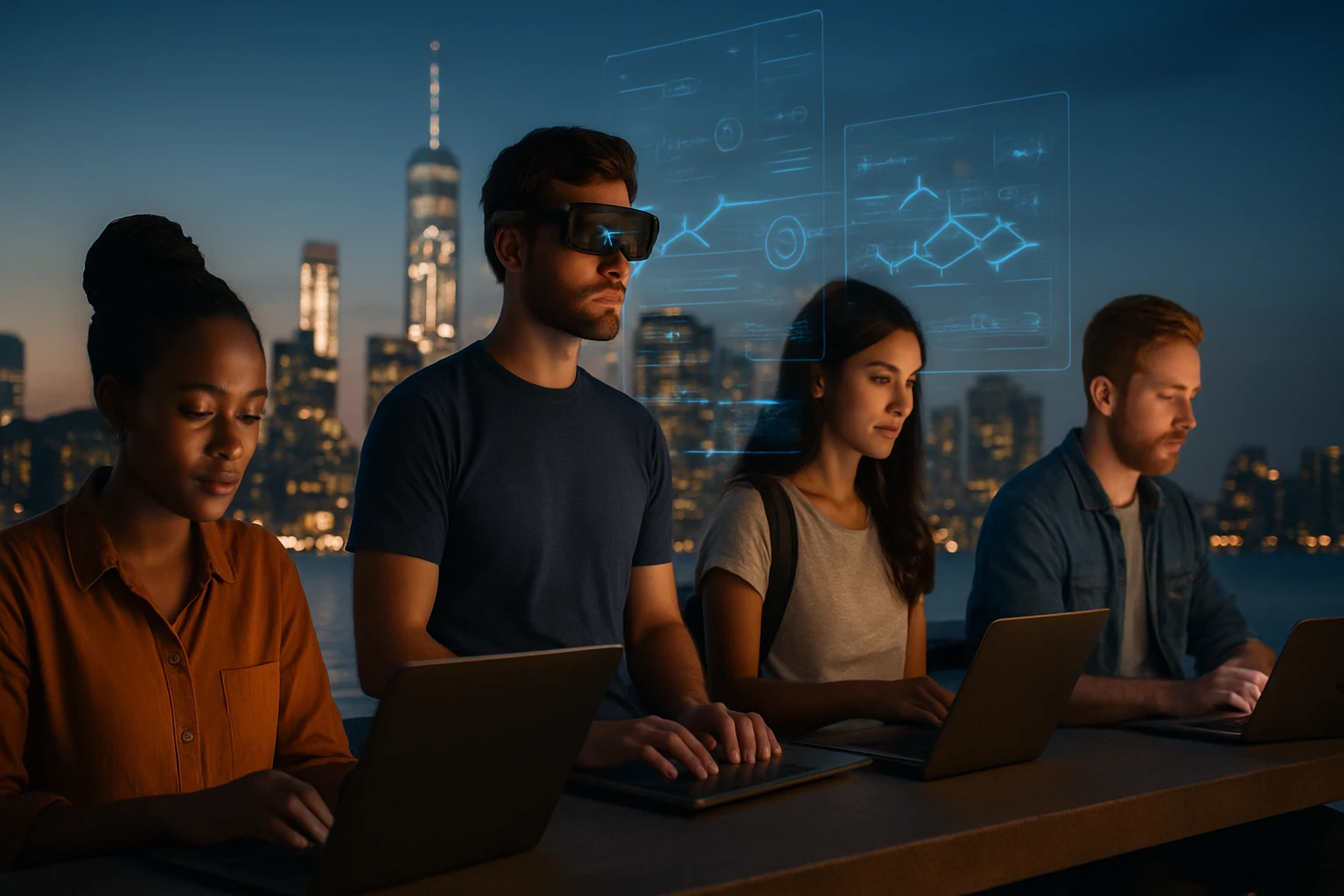 Vier Personen arbeiten an Laptops in der Dämmerung mit einer Stadtansicht im Hintergrund.