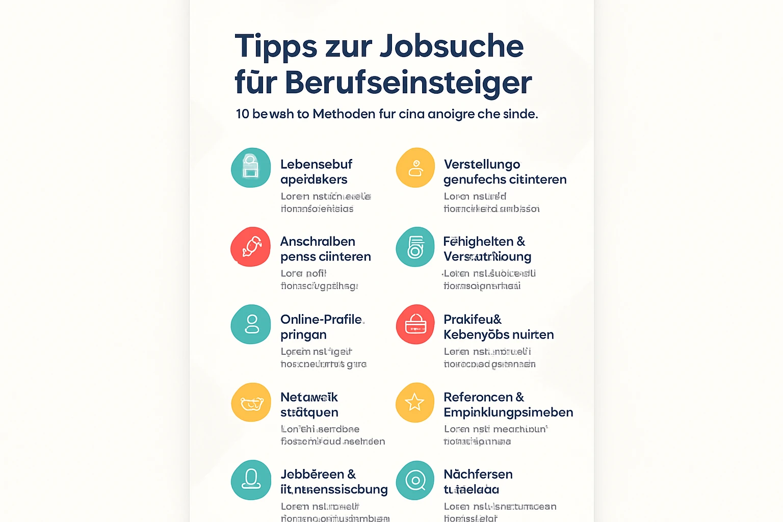 Eine Übersicht mit Tipps zur Jobsuche für Berufseinsteiger, dargestellt in bunten Icons.