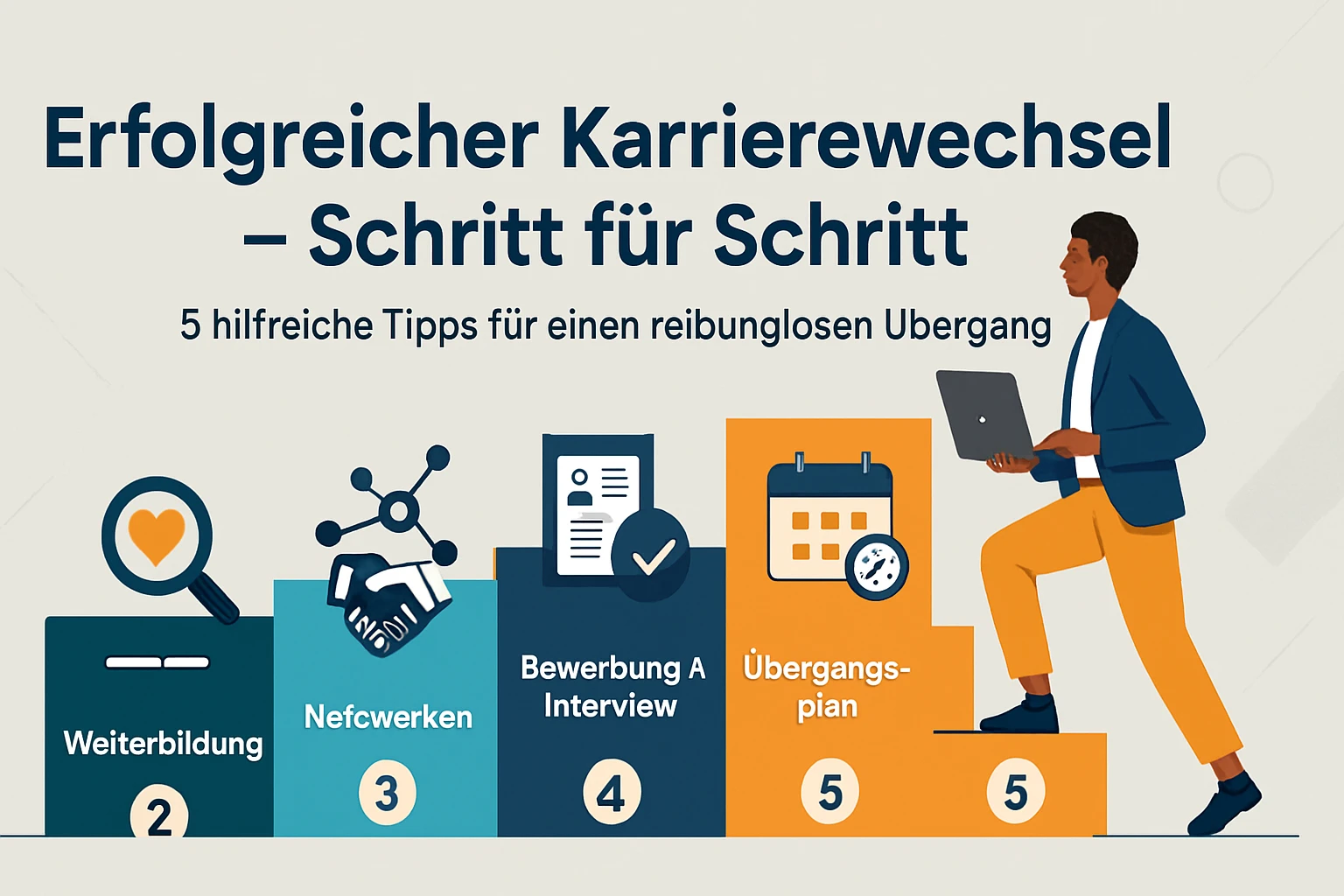 Eine Person, die auf einer Treppe steht und einen Laptop hält, umgeben von Symbolen für Karrierewechsel.