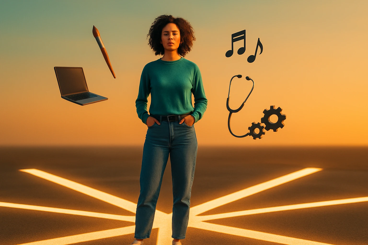 Eine Frau steht in einer offenen Landschaft mit Symbolen für Kreativität, Technologie und Gesundheit um sie herum.