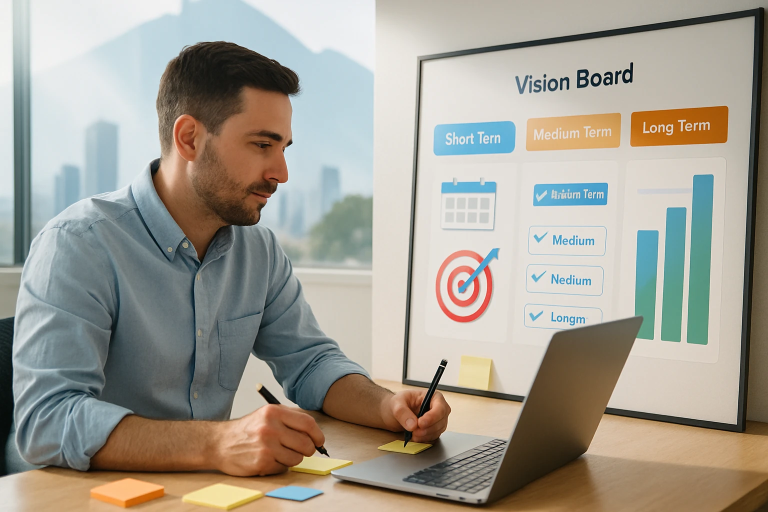 Ein Mann arbeitet an einem Vision Board mit Post-its und einem Laptop.