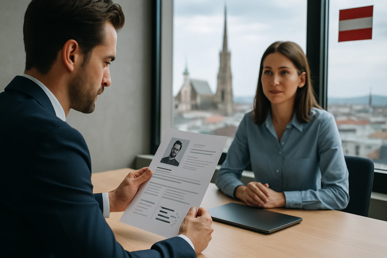 Ein Mann in einem Anzug hält einen Lebenslauf in der Hand, während eine Frau ihm gegenüber sitzt.