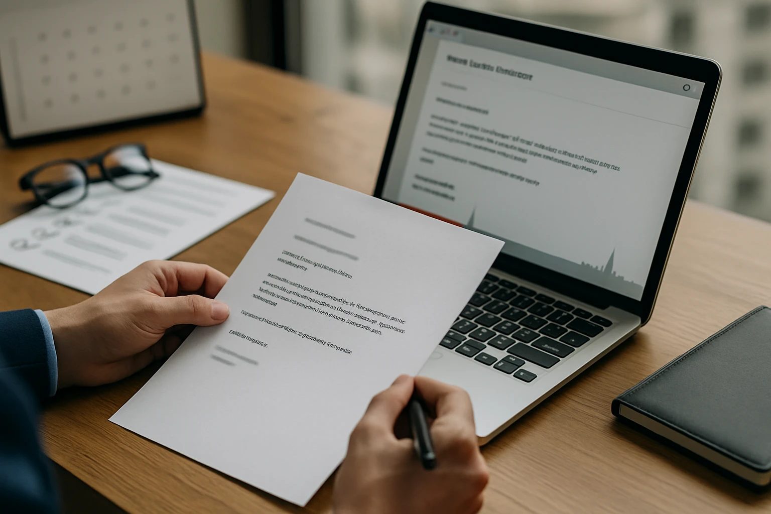 Ein Mann hält ein Dokument in der Hand und schaut auf einen Laptop.