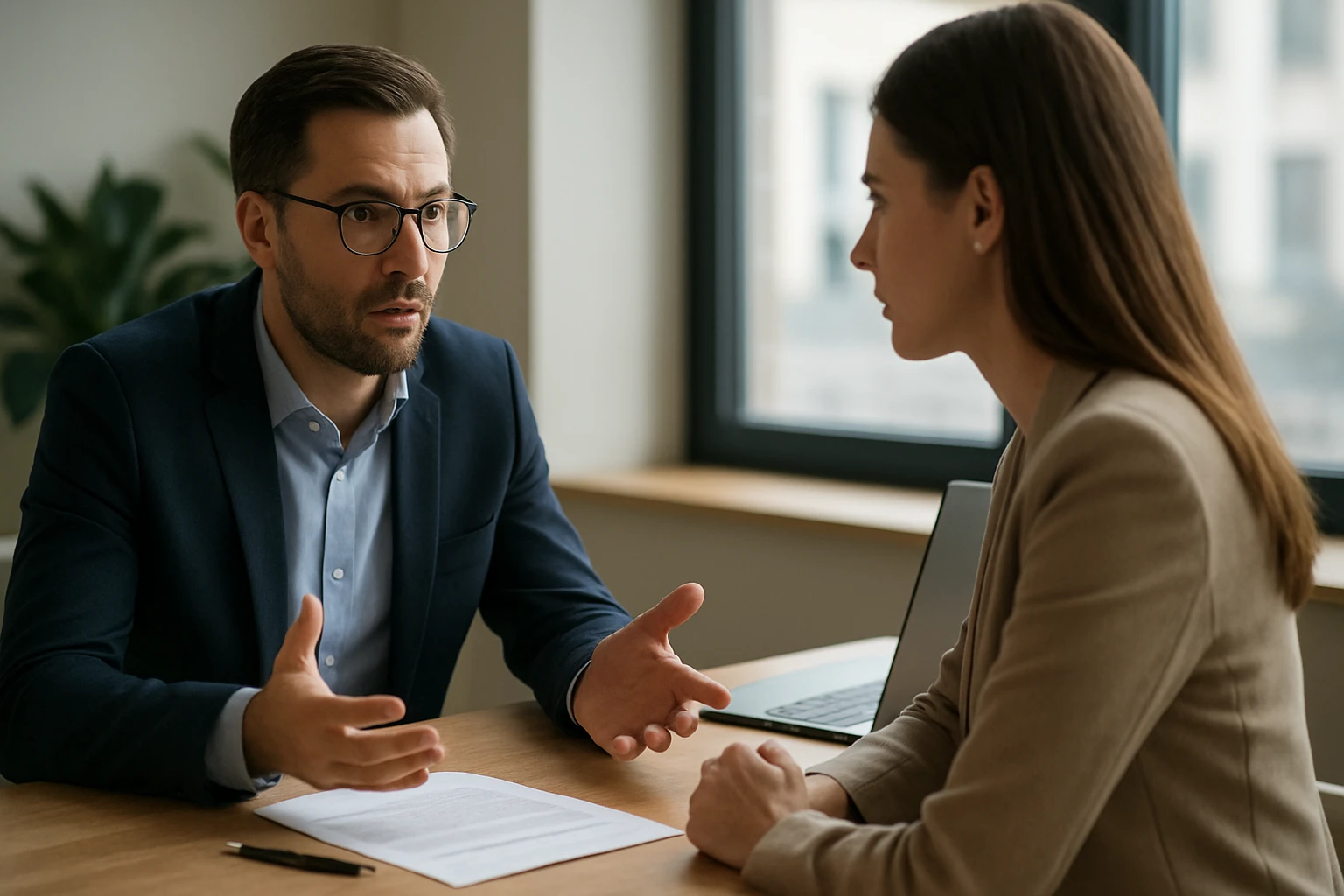 Ein Mann und eine Frau sitzen sich am Tisch gegenüber und diskutieren.
