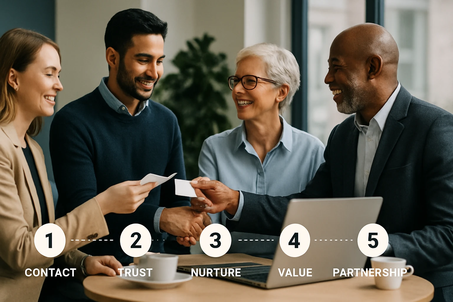 Eine Gruppe von vier Personen, die sich in einem modernen Büro treffen und Visitenkarten austauschen.