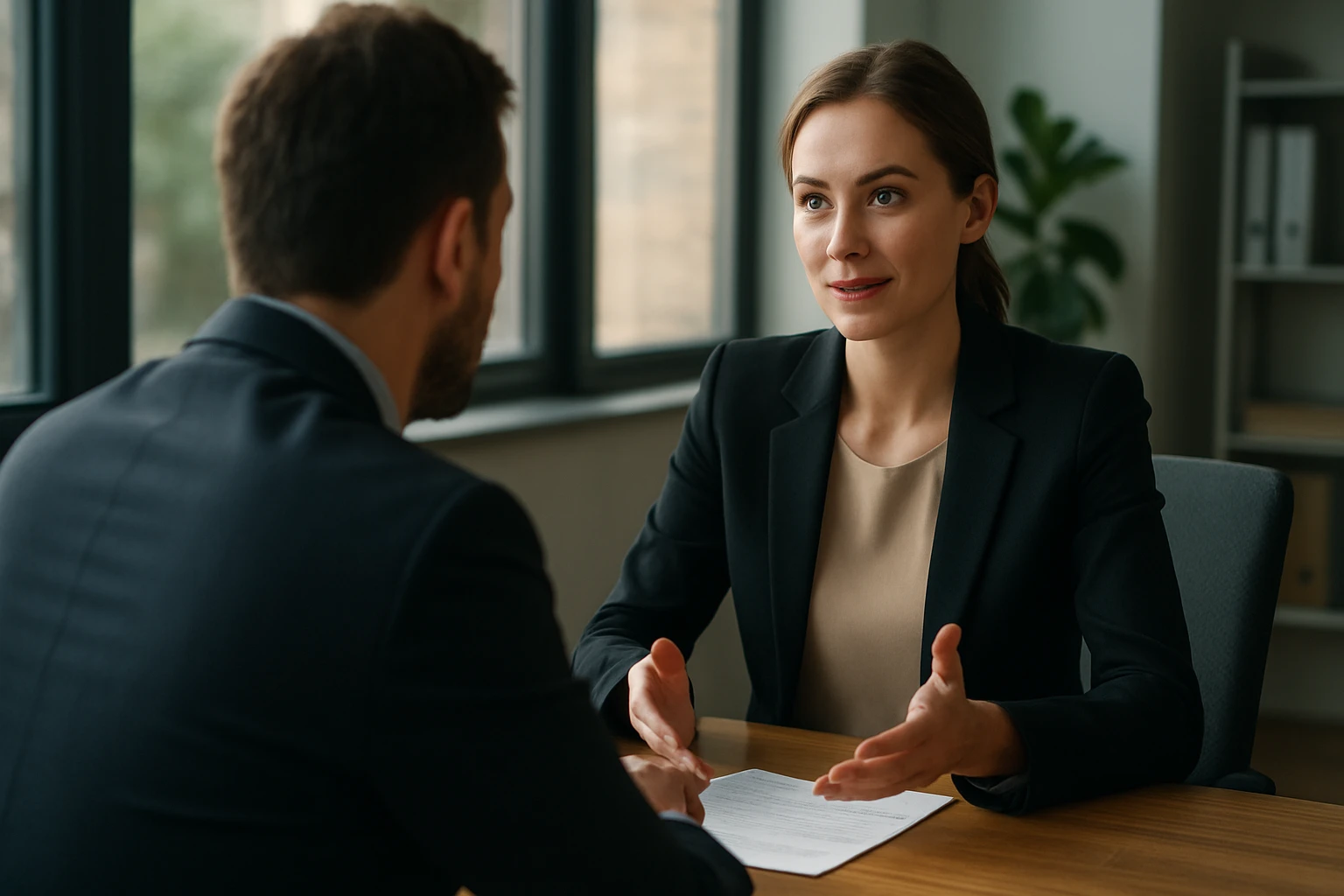 Eine Frau in einem Anzug spricht mit einem Mann während eines Gesprächs.