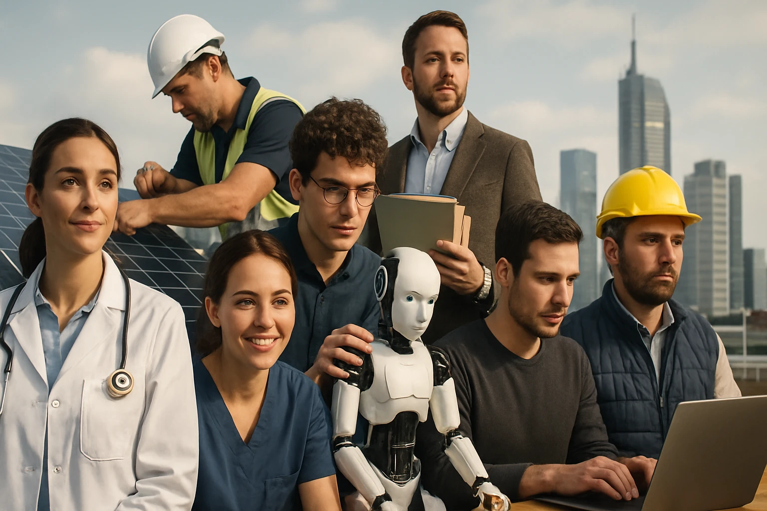 Eine Gruppe von Fachleuten, darunter ein Arzt, Ingenieure und ein Roboter, auf einem Dach mit Solarpanelen.