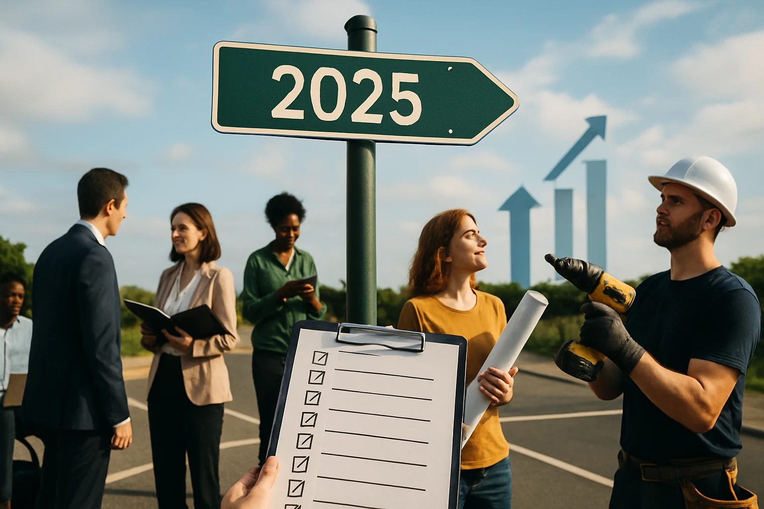 Eine Gruppe von Fachleuten diskutiert an einem Wegweiser für 2025.