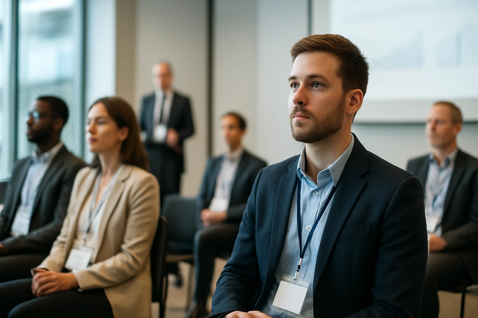 Eine Gruppe von Menschen sitzt aufmerksam in einem Konferenzraum während einer Präsentation.