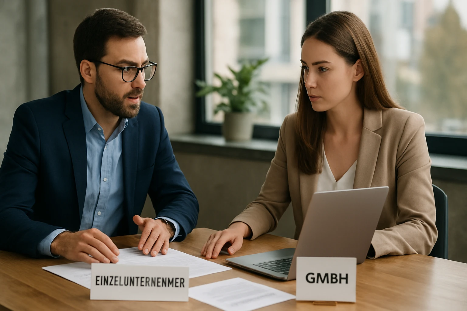 Ein Mann und eine Frau in einem Meeting, diskutieren über Dokumente am Tisch.