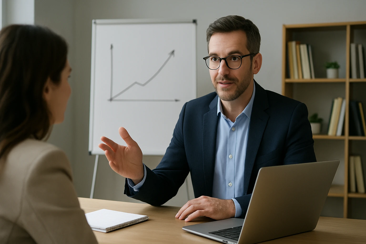 Ein Mann erklärt einer Frau am Tisch eine Grafik mit steigenden Werten.