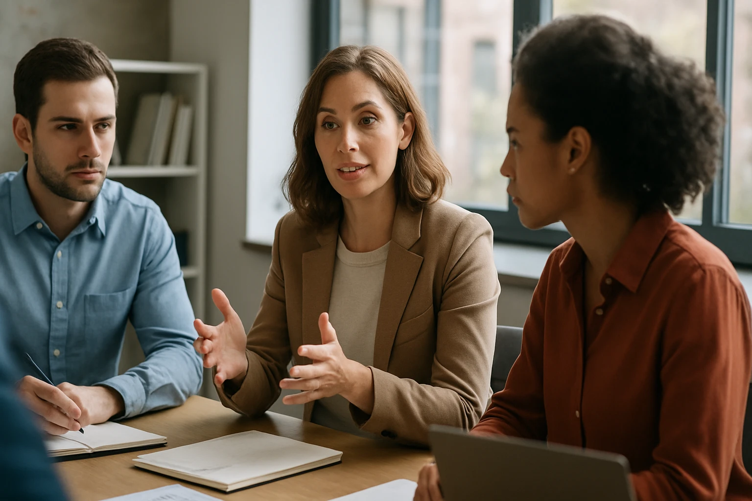 Eine Frau erklärt etwas während eines Meetings mit zwei Kollegen.