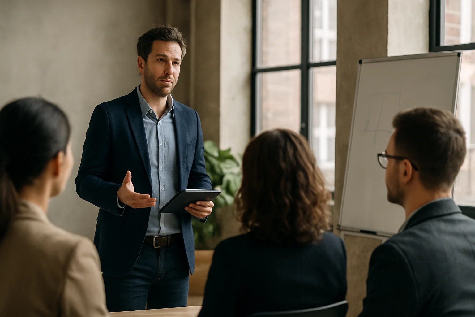 Ein Mann präsentiert in einem modernen Konferenzraum vor drei Zuhörern.