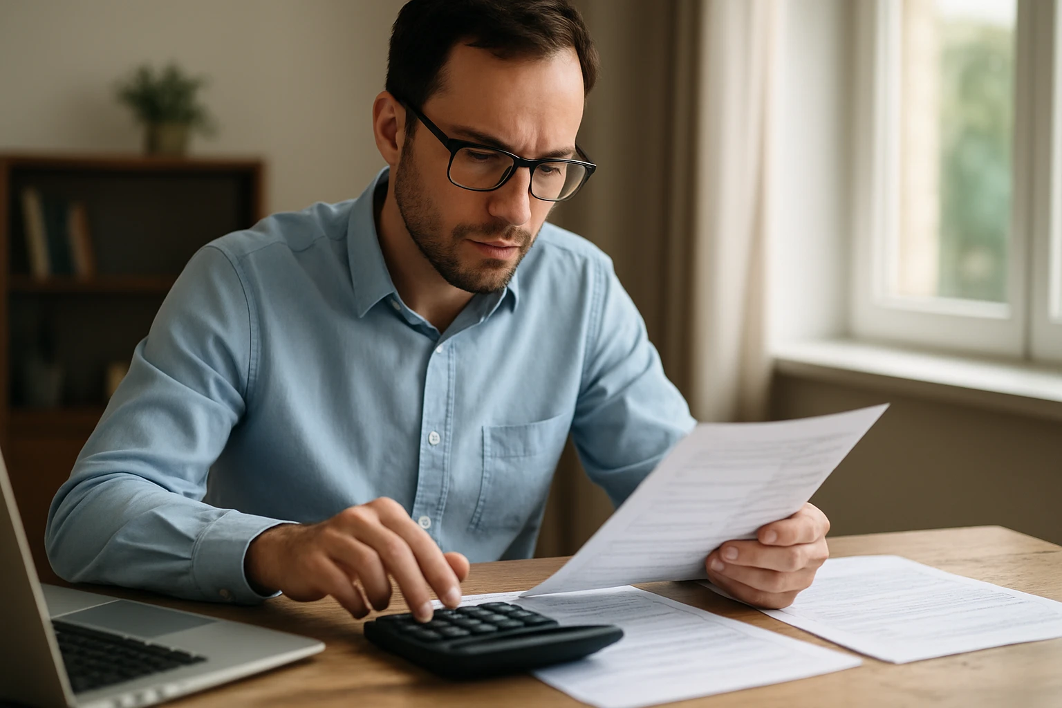 Ein Mann mit Brille sitzt an einem Tisch und überprüft Dokumente mit einem Taschenrechner.