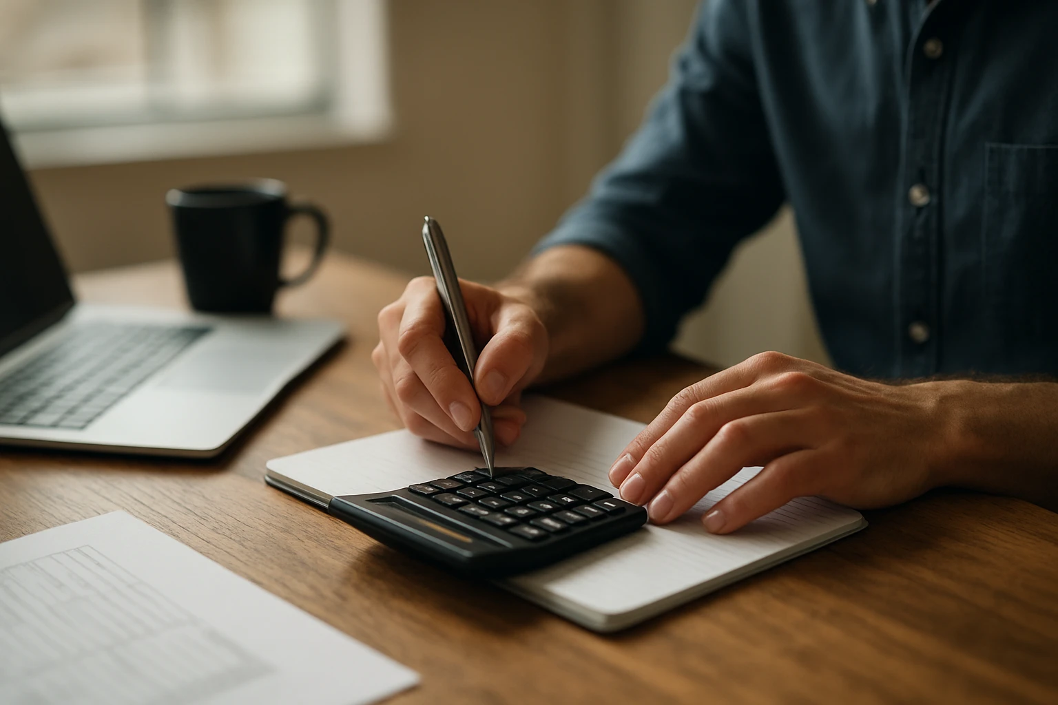 Ein Mann benutzt einen Taschenrechner und schreibt Notizen auf einem Block.