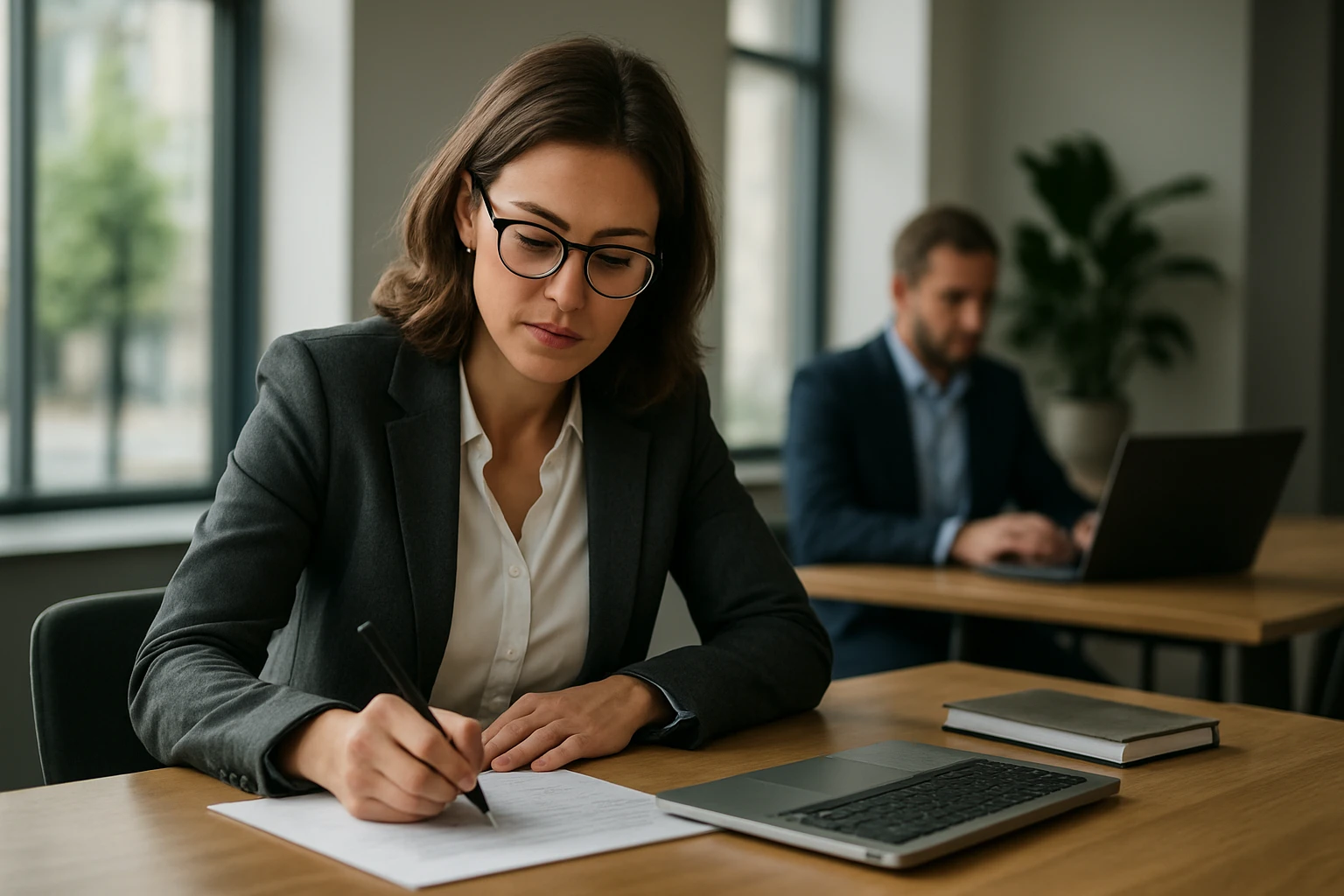 Eine Frau in einem Anzug schreibt konzentriert auf einem Blatt Papier in einem modernen Büro.