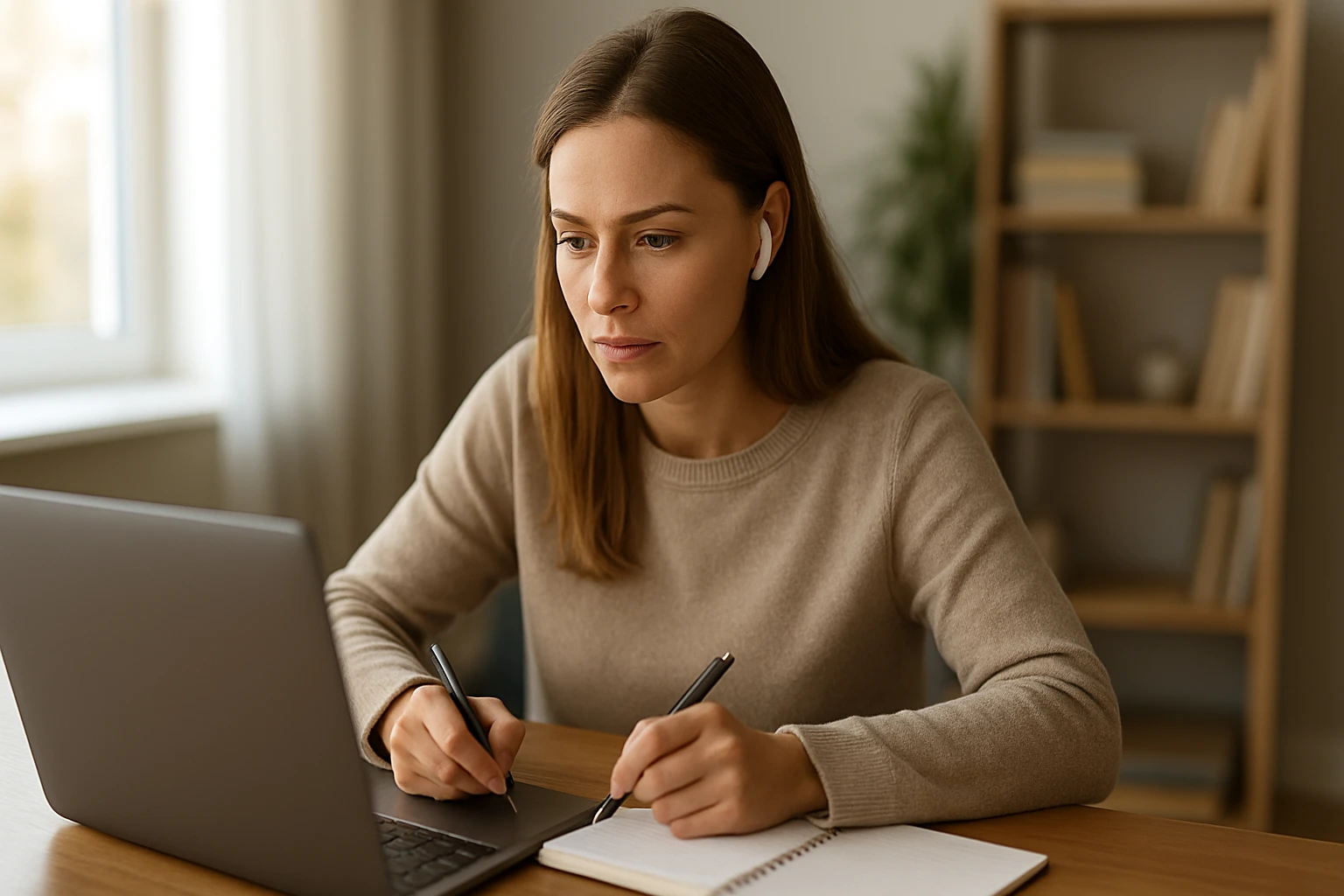 Eine konzentrierte Frau mit Kopfhörern arbeitet am Laptop und notiert sich etwas.
